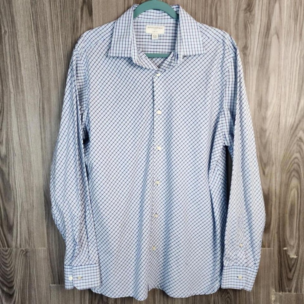 Banana‎ Republic Mens Slim Fit Blue White Check Long Sleeve Button Down Shirt L